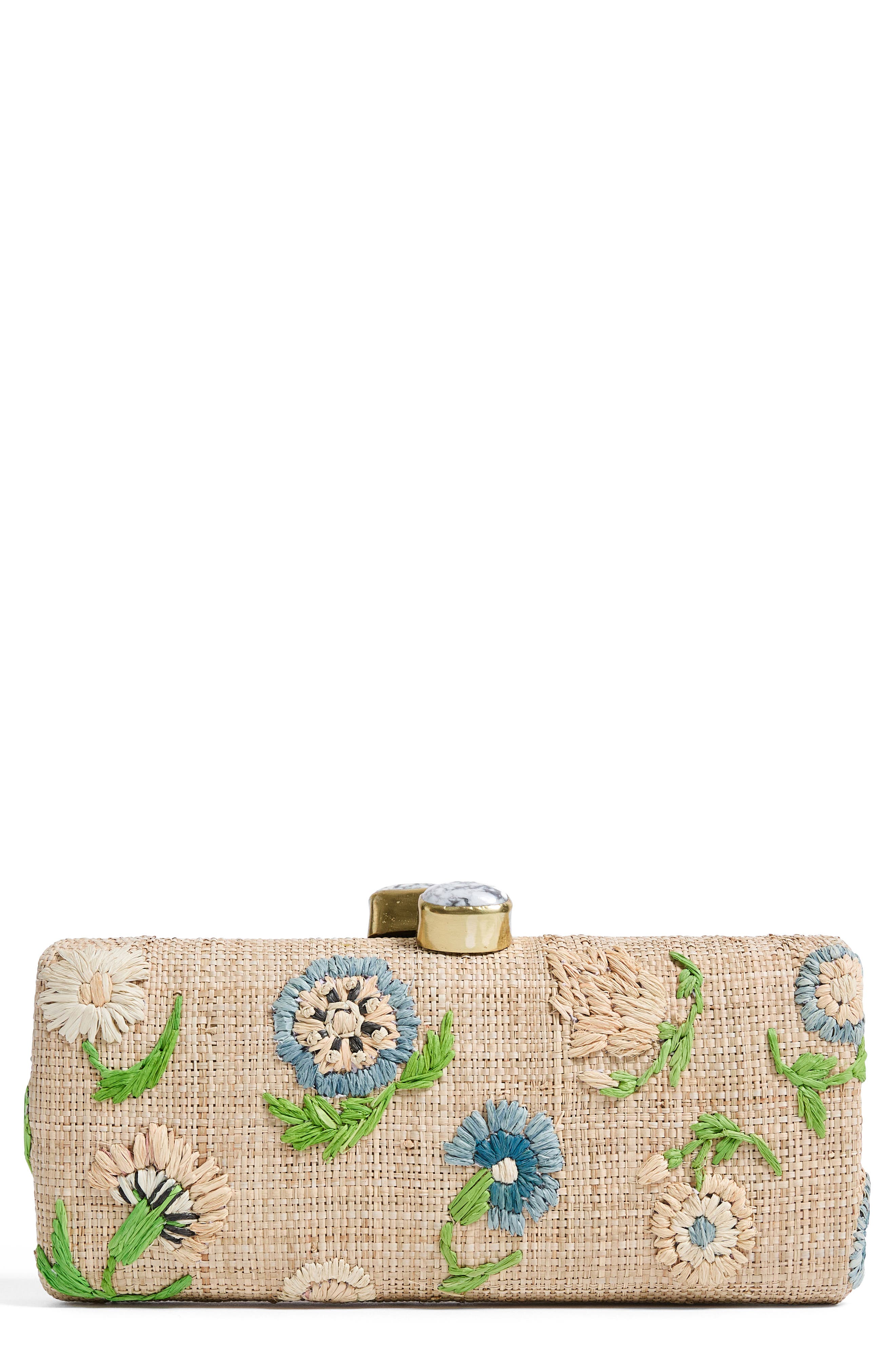 Pamela Munson Petite Fleur Raffia Clutch, Main, color, Natural/ Pastel