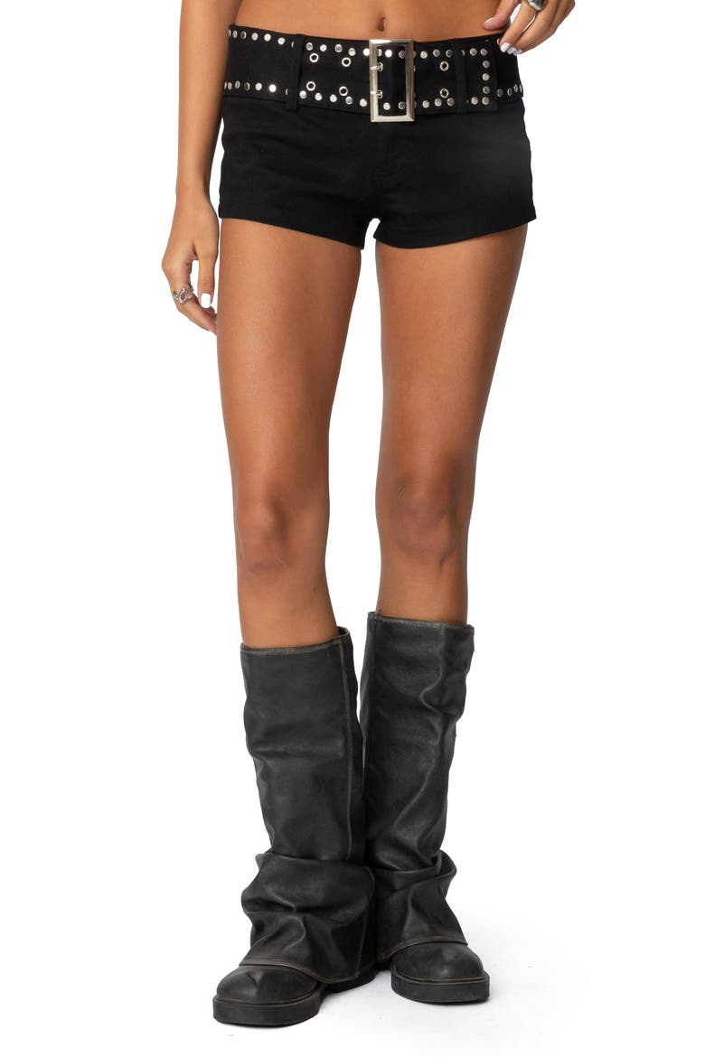 Belted Stretch Cotton Micro Shorts, Main, color, BLACK