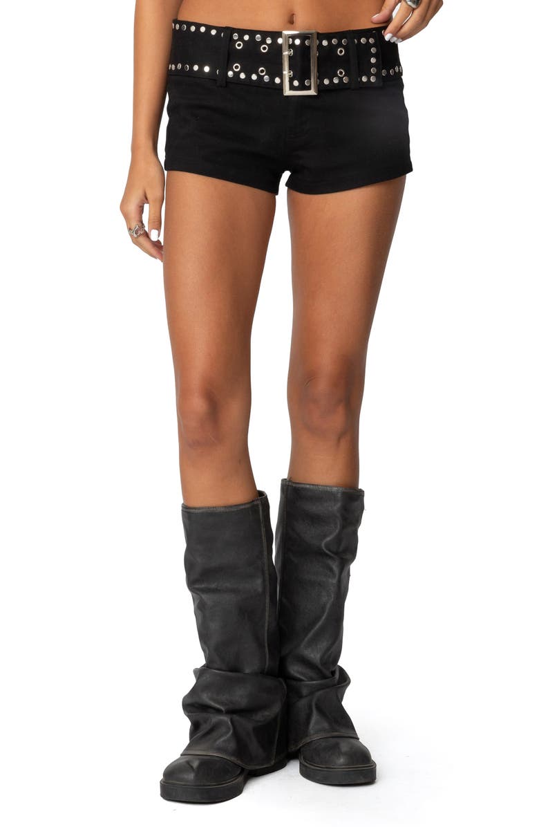 EDIKTED Belted Stretch Cotton Micro Shorts, Main, color, Black