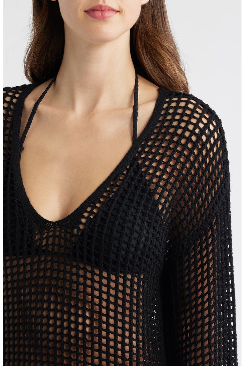 Christie Open Stitch Long Sleeve Cover-Up Maxi Dress, Alternate, color, BLACK