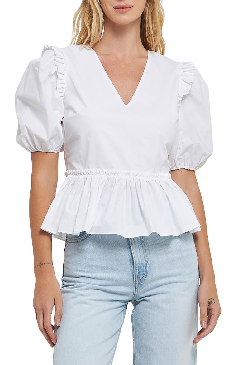 Puff Sleeve Peplum Cotton Top, Main, color, WHITE