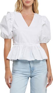 English Factory Puff Sleeve Peplum Cotton Top