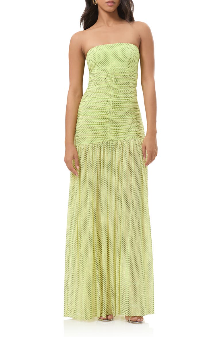 Denise Polka Dot Ruched Strapless Maxi Dress, Main, color, CITRUS PIN DOT