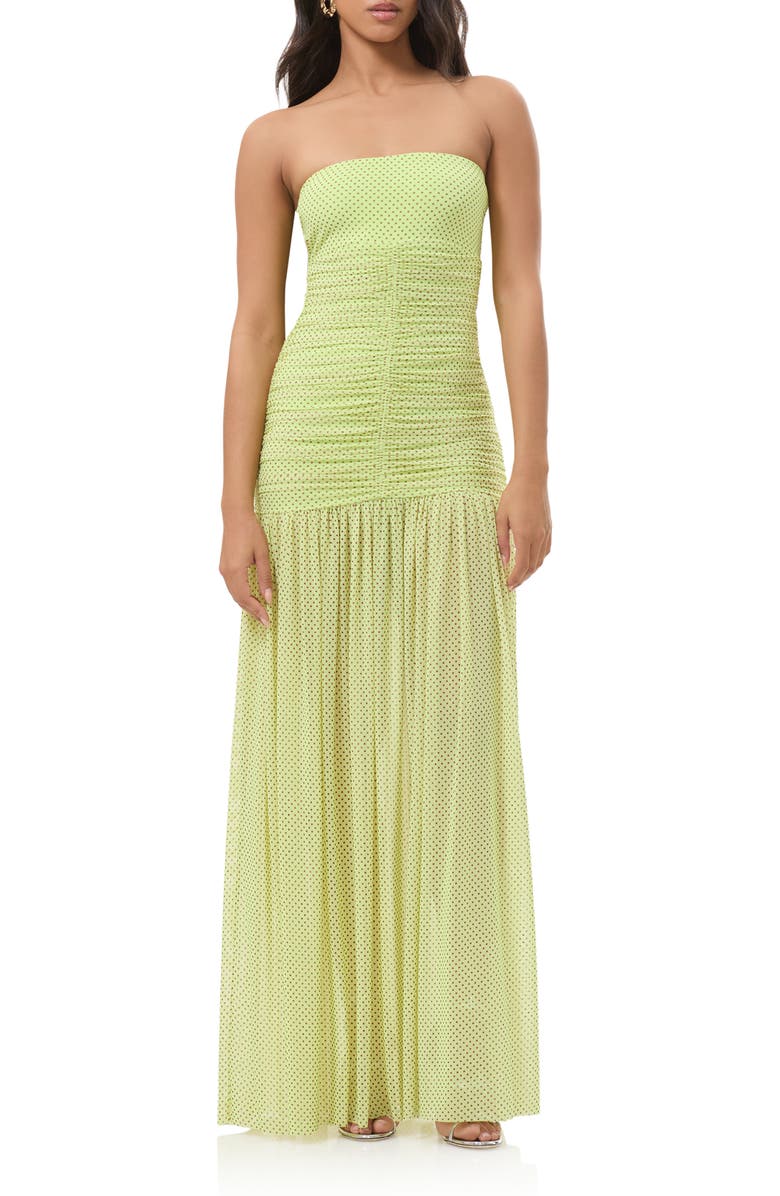 AFRM Denise Polka Dot Ruched Strapless Maxi Dress, Main, color, Citrus Pin Dot
