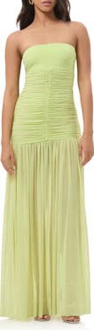 AFRM Denise Polka Dot Ruched Strapless Maxi Dress