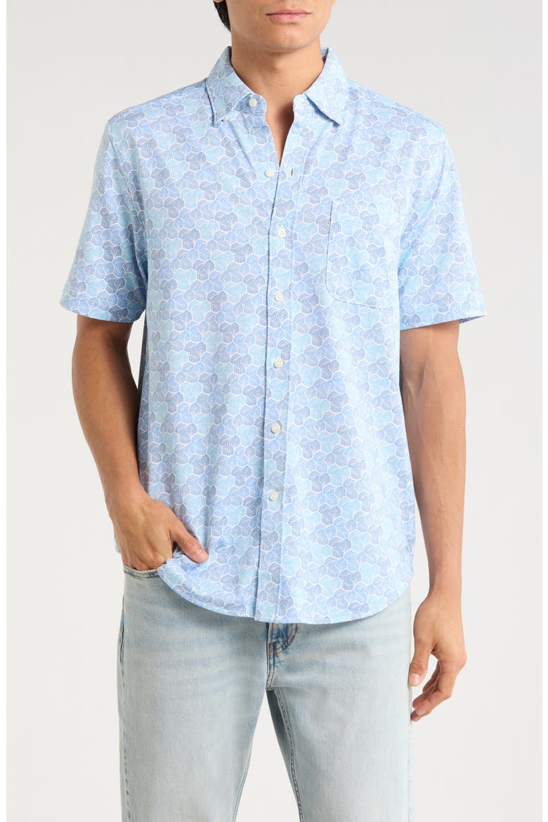 Honeycomb Geo Print Short Sleeve Button-Up Shirt, Main, color, KINGFISH