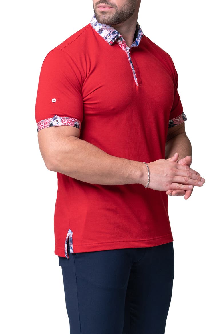 Mozart Solid Ripple Red Piqué Button-Down Polo, Alternate, color, RED