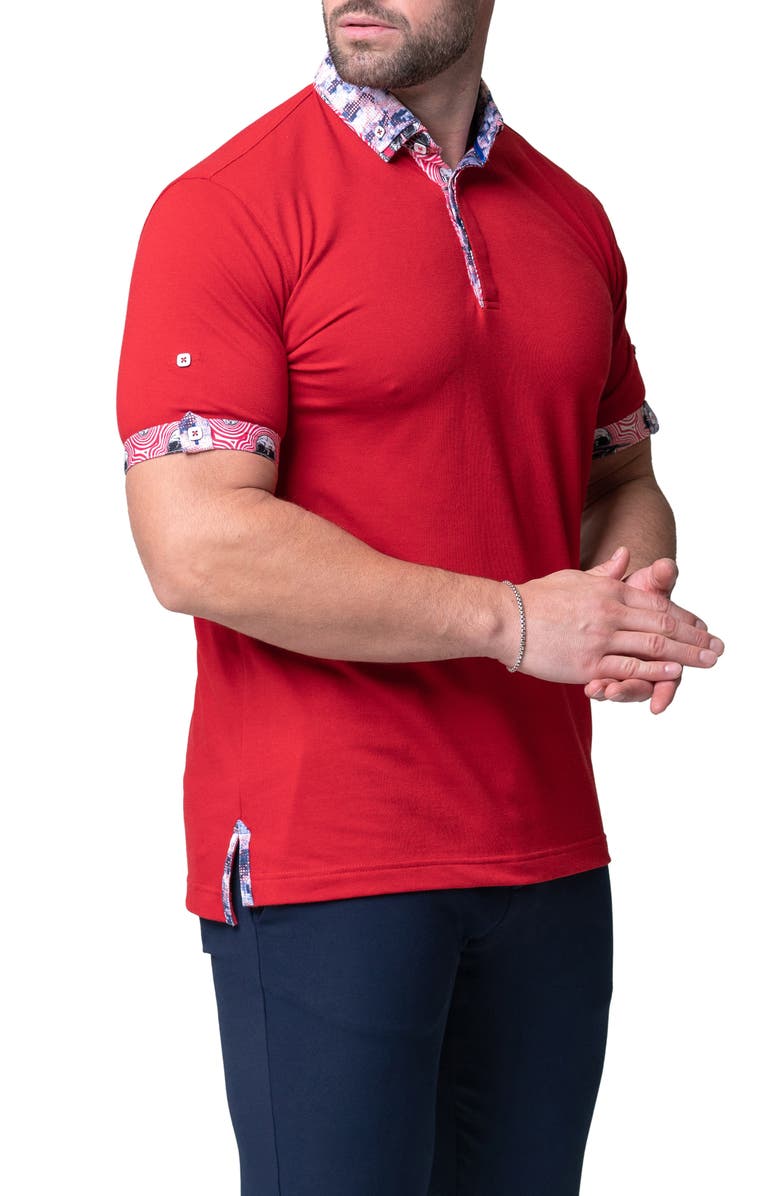 Maceoo Mozart Solid Ripple Red Piqué Button-Down Polo, Alternate, color, Red