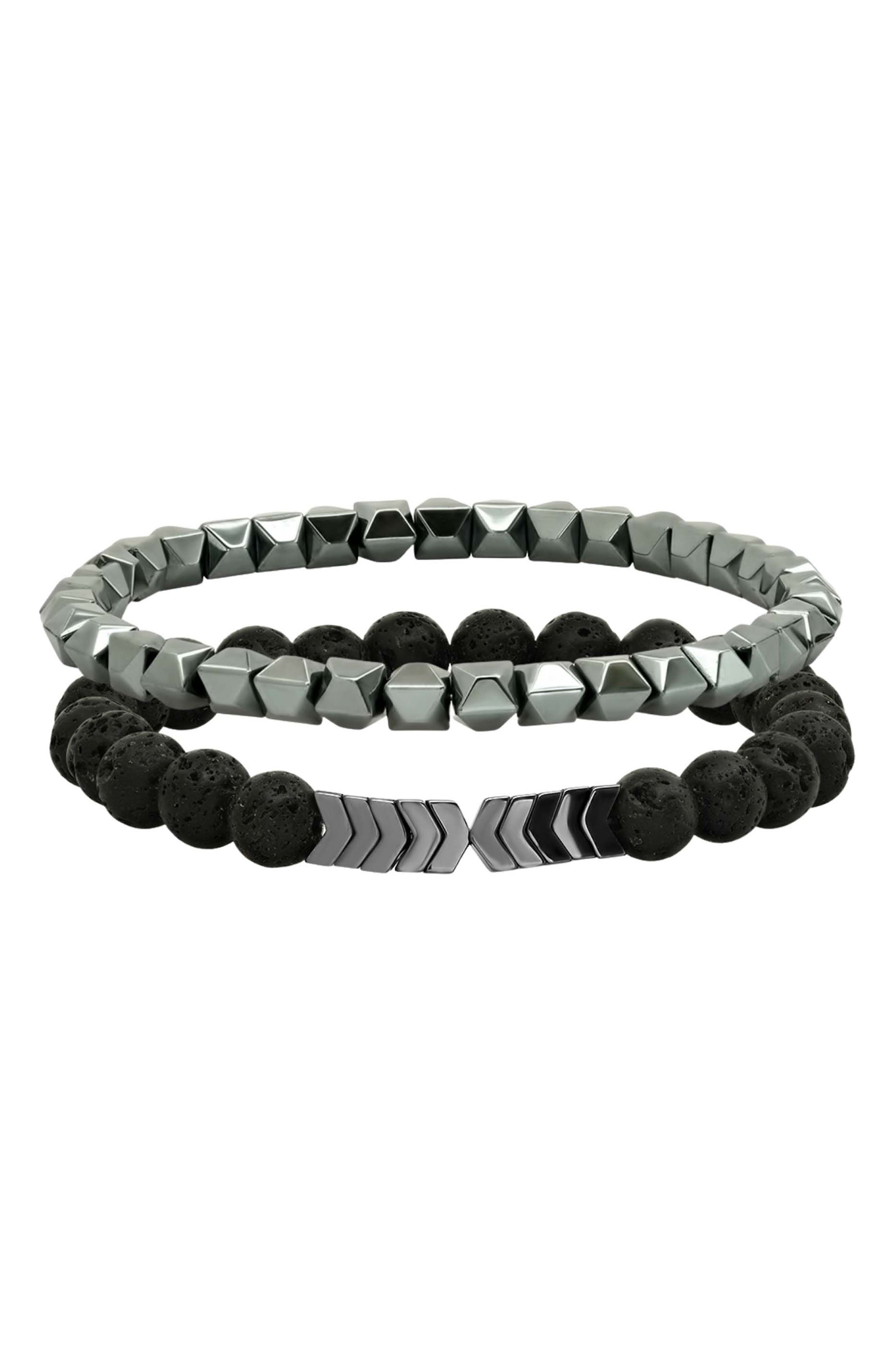 Men's Hematite and Black Lava Set of 2 Bracelets
