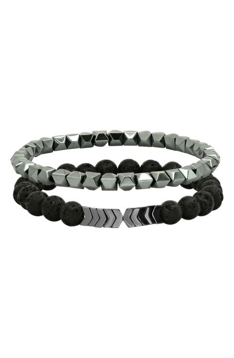 Men's Hematite and Black Lava Set of 2 Bracelets