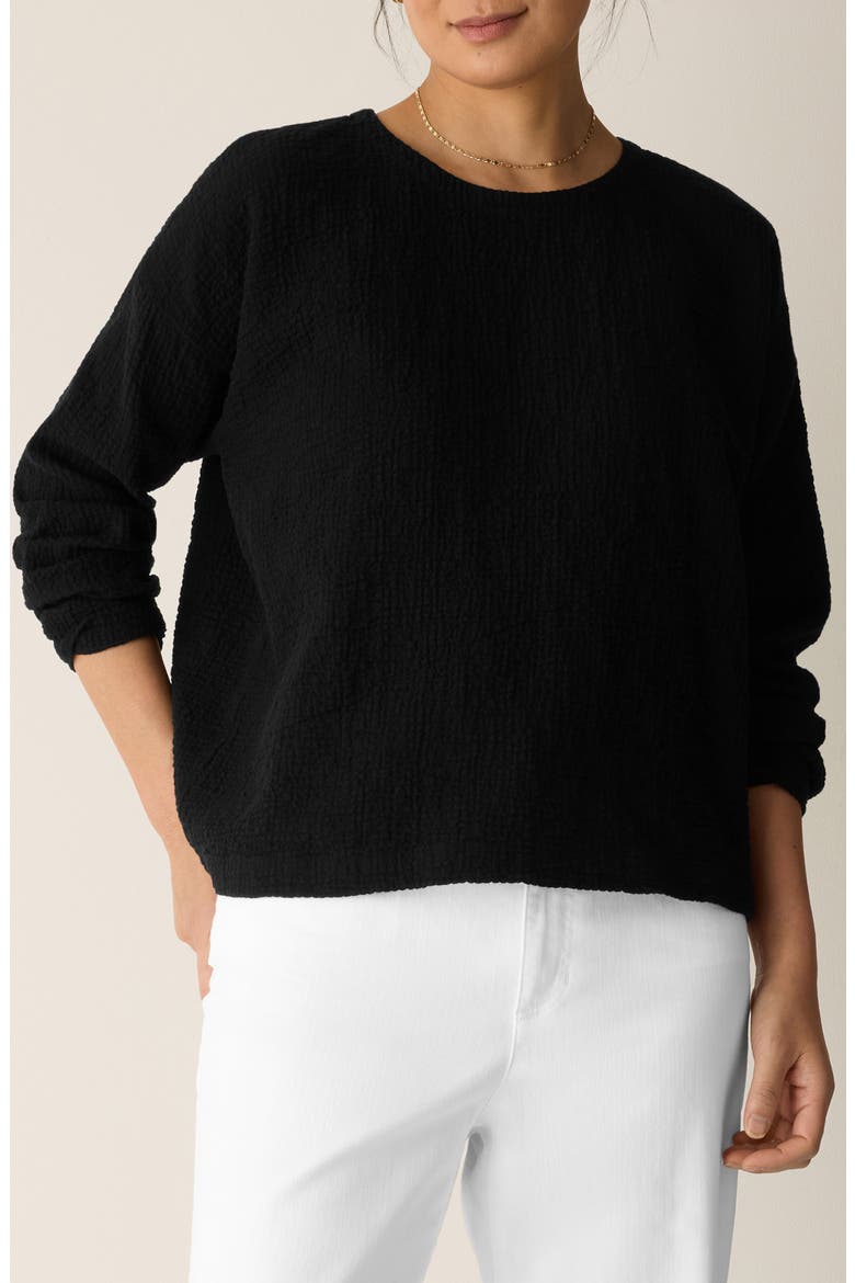 Crinkled Boxy Long Sleeve Stretch Organic Cotton Top, Main, color, BLACK