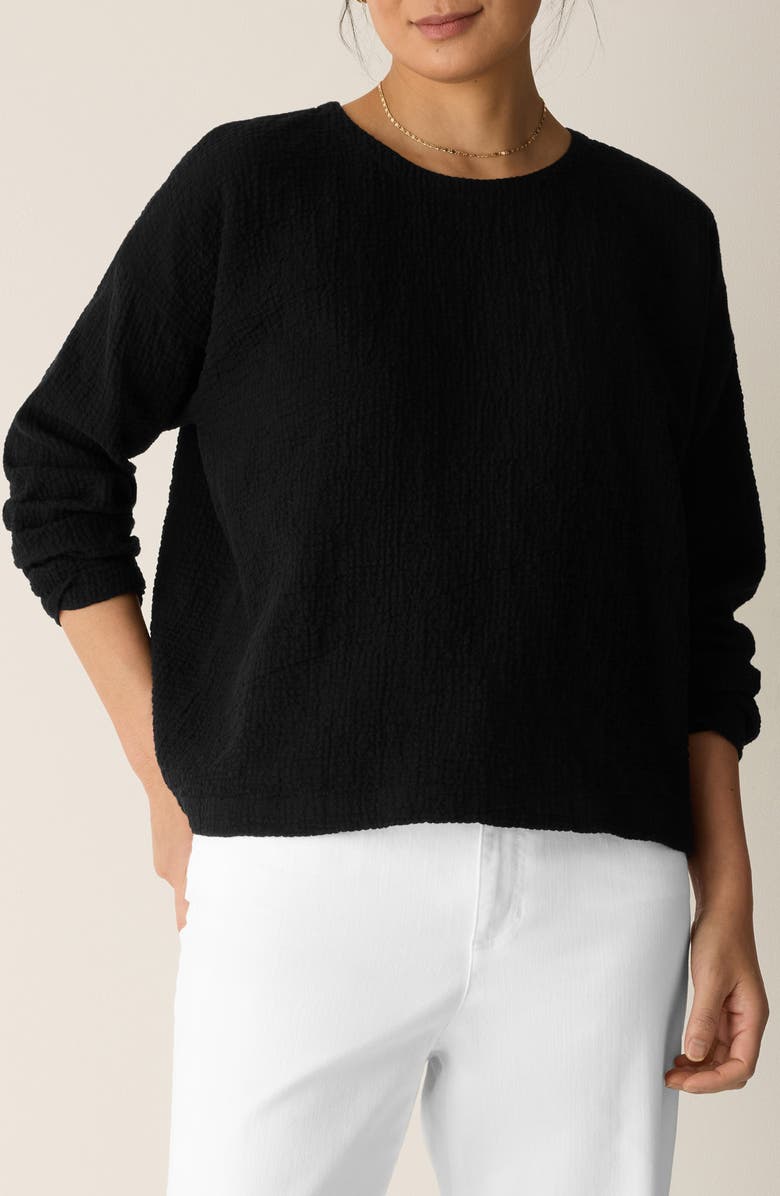 Eileen Fisher Crinkled Boxy Long Sleeve Stretch Organic Cotton Top, Main, color, Black