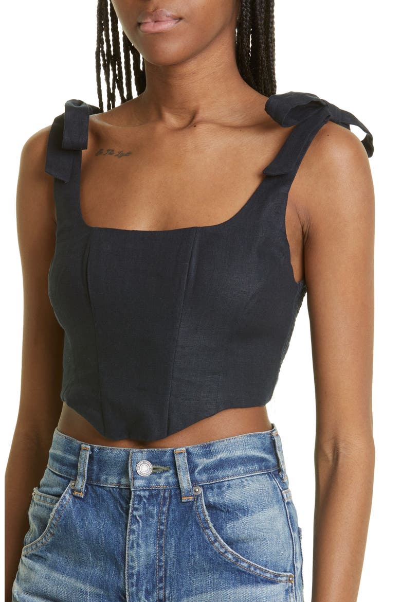 Tie Strap Corset Linen Tank, Alternate, color, BLACK