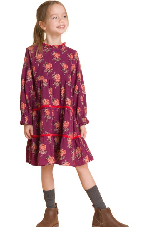 Beet World Girls' Long Sleeves Tiered Skirt Dress with Velvet Trim in Purple And Red 