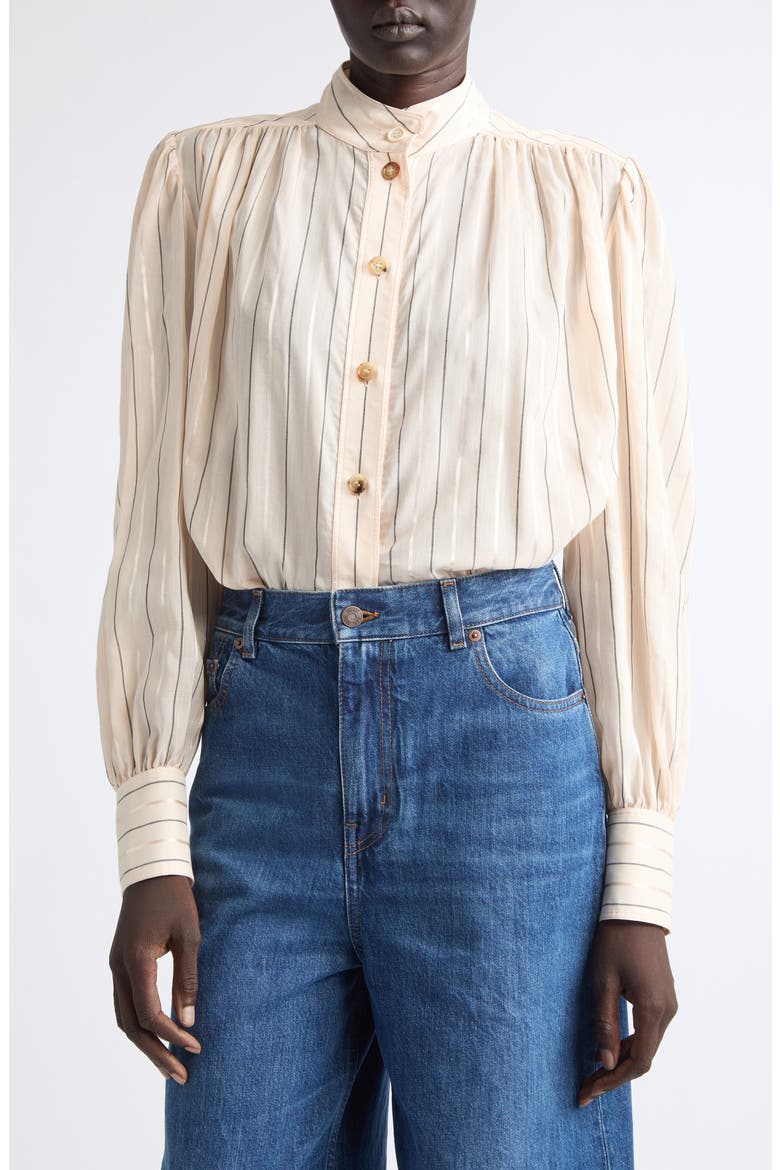 Stripe Cotton & Silk Blend Poplin Button-Up Shirt, Main, color, PINK/ BLACK