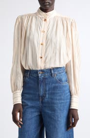 Chloé Stripe Cotton & Silk Blend Poplin Button-Up Shirt