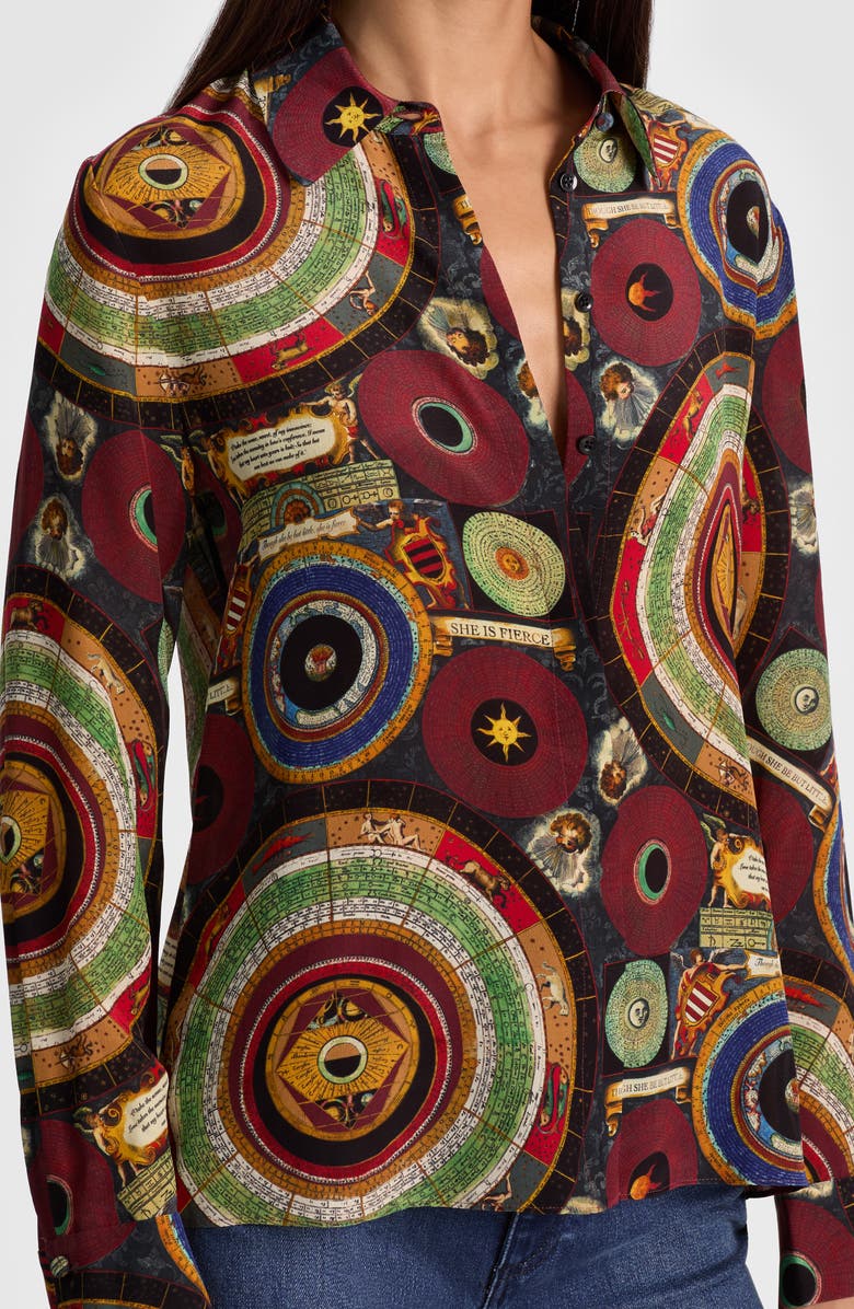 Alice + Olivia Willa Silk Button-Up Shirt, Alternate, color, Hands Of Time