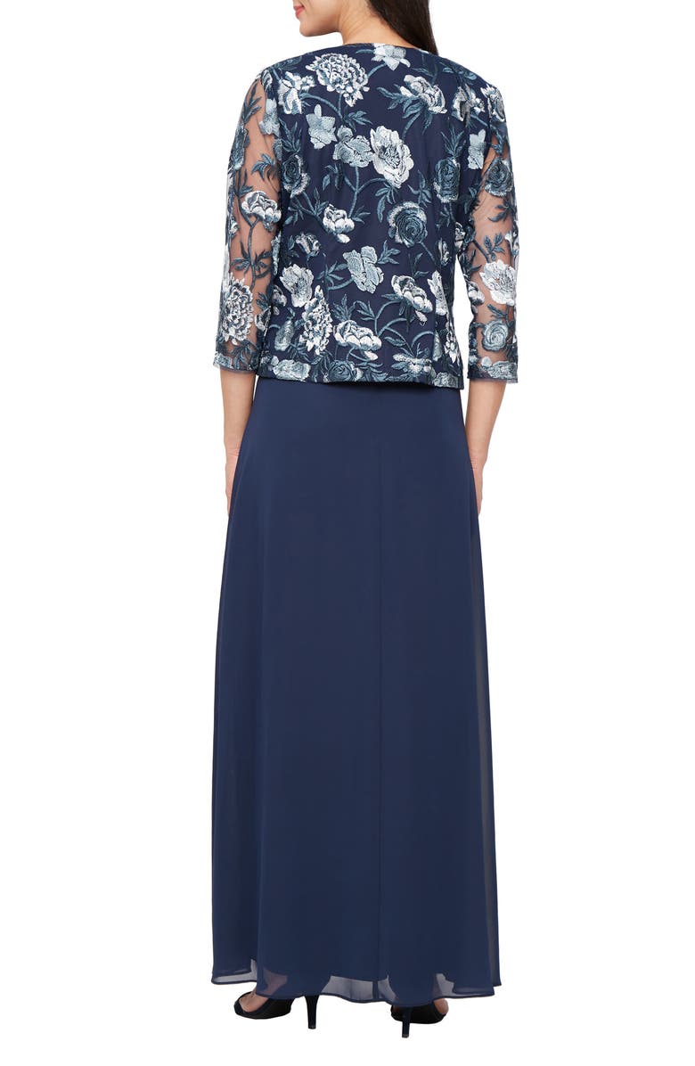 Alex Evenings Embroidered Tulle Cocktail Dress with Jacket, Alternate, color, Navy Multi