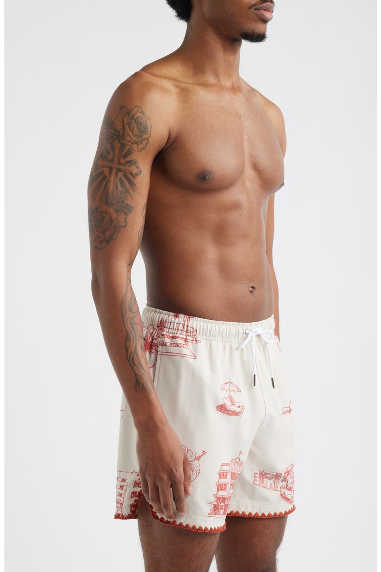 Ocean Drive Print Stitch Waterproof Swim Trunks, Alternate, color, RED