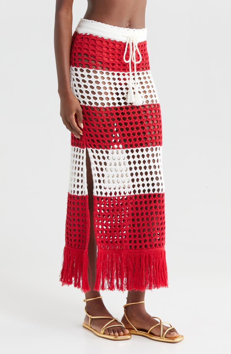 FARM Rio Red Stripes Crochet Cotton Cover-Up Maxi Skirt, Alternate, color, Red