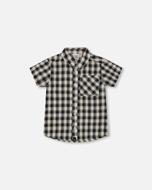 Deux Par Deux Little Boy's Short Sleeve Button Down Shirt Black And Beige Plaid In Black And Beige Plaid