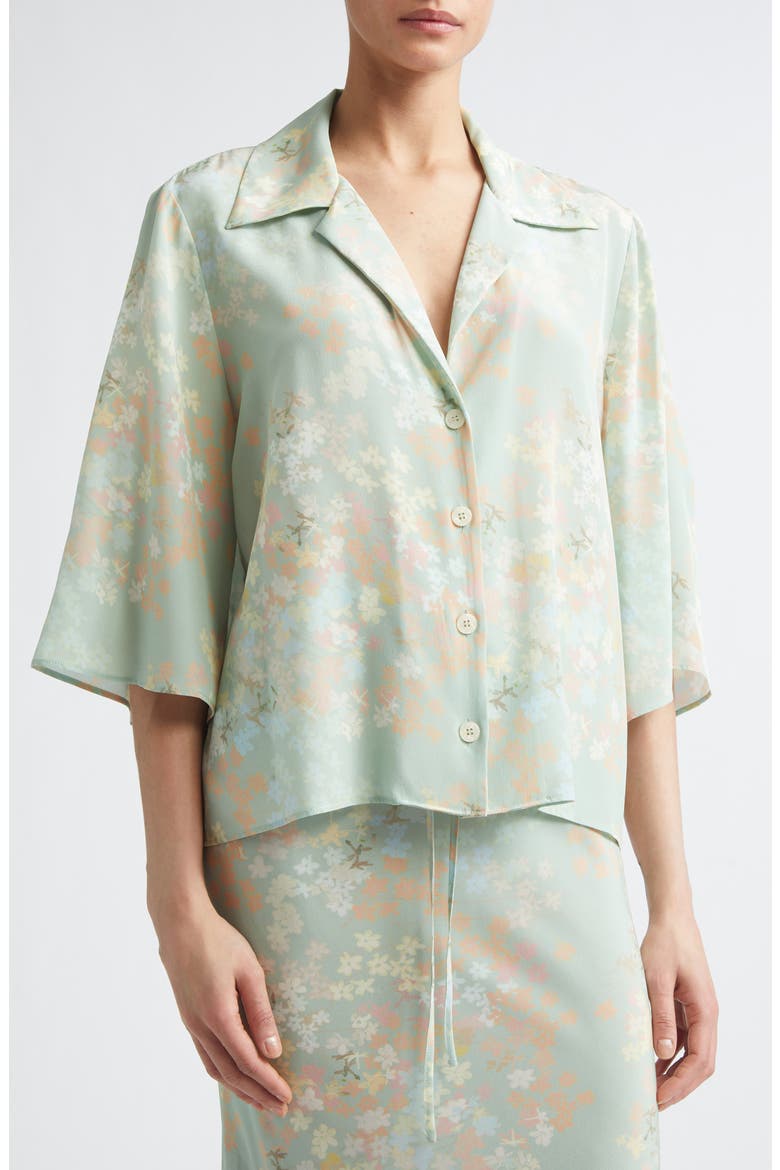 Petit Beurre Jasmine on Mint Print Silk Button-Up Camp Shirt, Alternate, color, JASMINE/ MINT