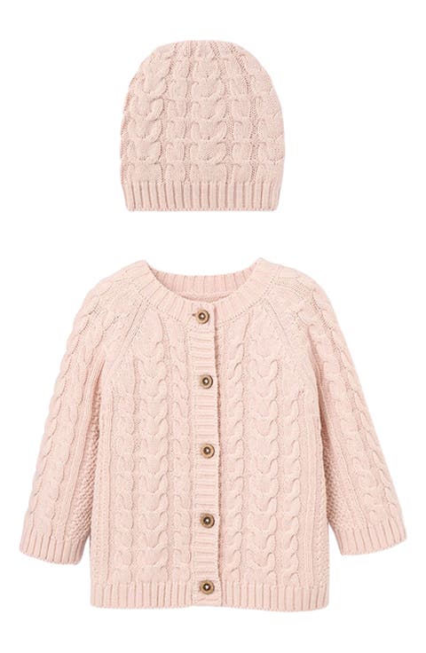 Horseshoe Cable Knit Cotton Cardigan & Hat Set (Baby)
