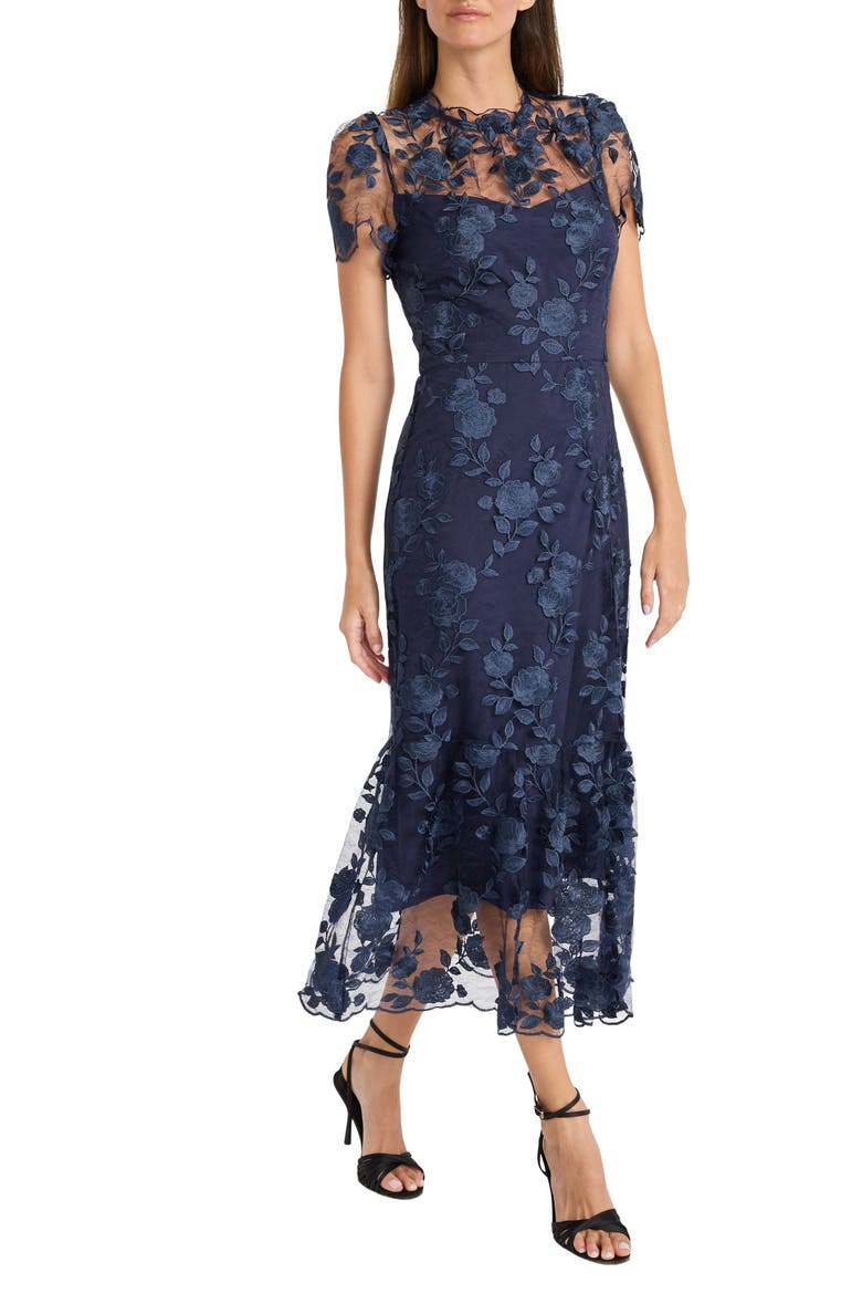 Embroidered Floral Overlay Cocktail Dress, Alternate, color, TWILIGHT NAVY