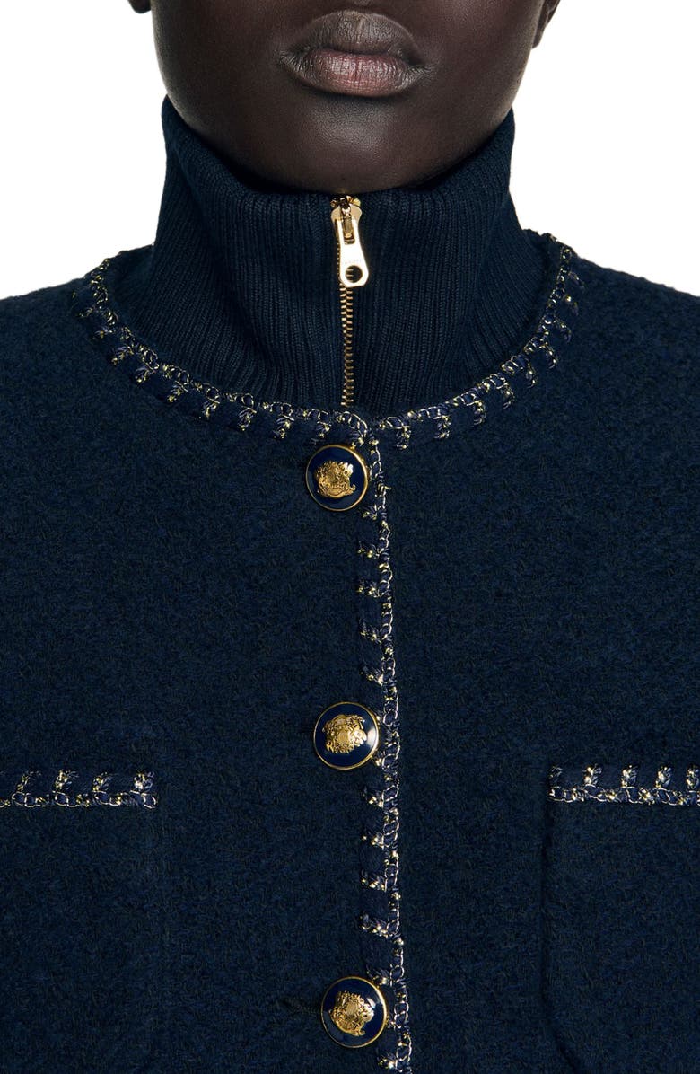 SANDRO Tweed jacket with removable collar, Alternate, color, Navy Blue