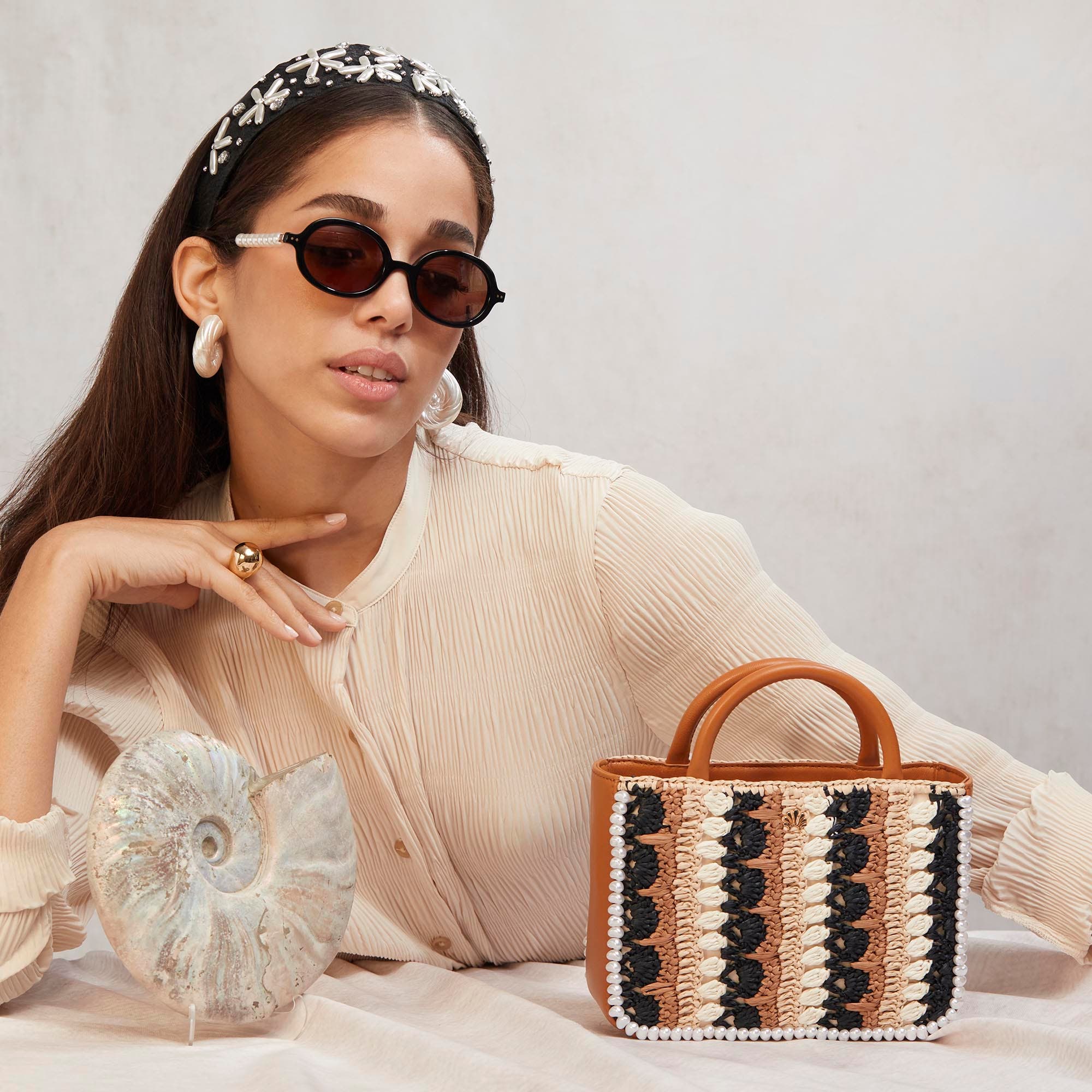 Lele Sadoughi Maya Raffia Mini Tote, Alternate, color, Neutral Night 999