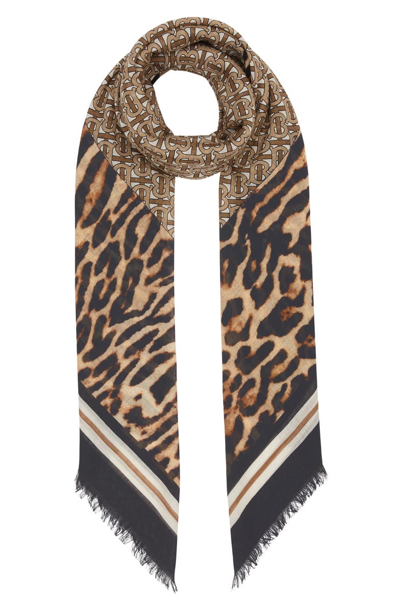 Burberry Monogram Leopard Print Wool & Silk Scarf, Alternate, color, 