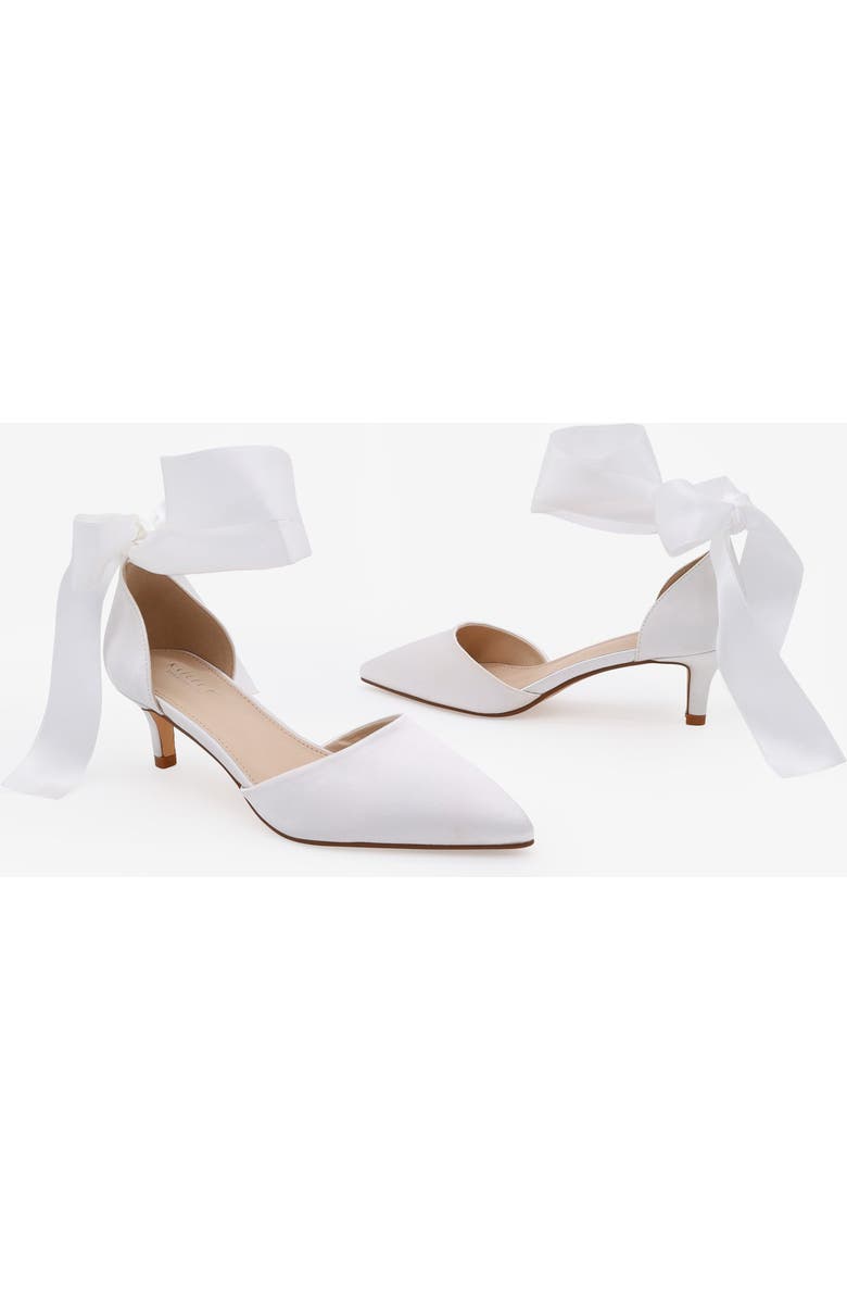 Kailee P Farah Satin Pointy Toe Kitten Low Heel with Wrapped Satin Ribbon Tie, Alternate, color, White