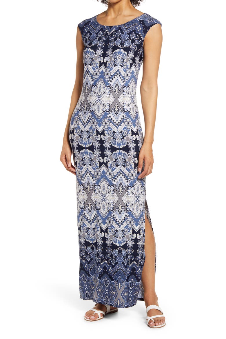 Tile Print Cap Sleeve Maxi Dress, Main, color, SLATE