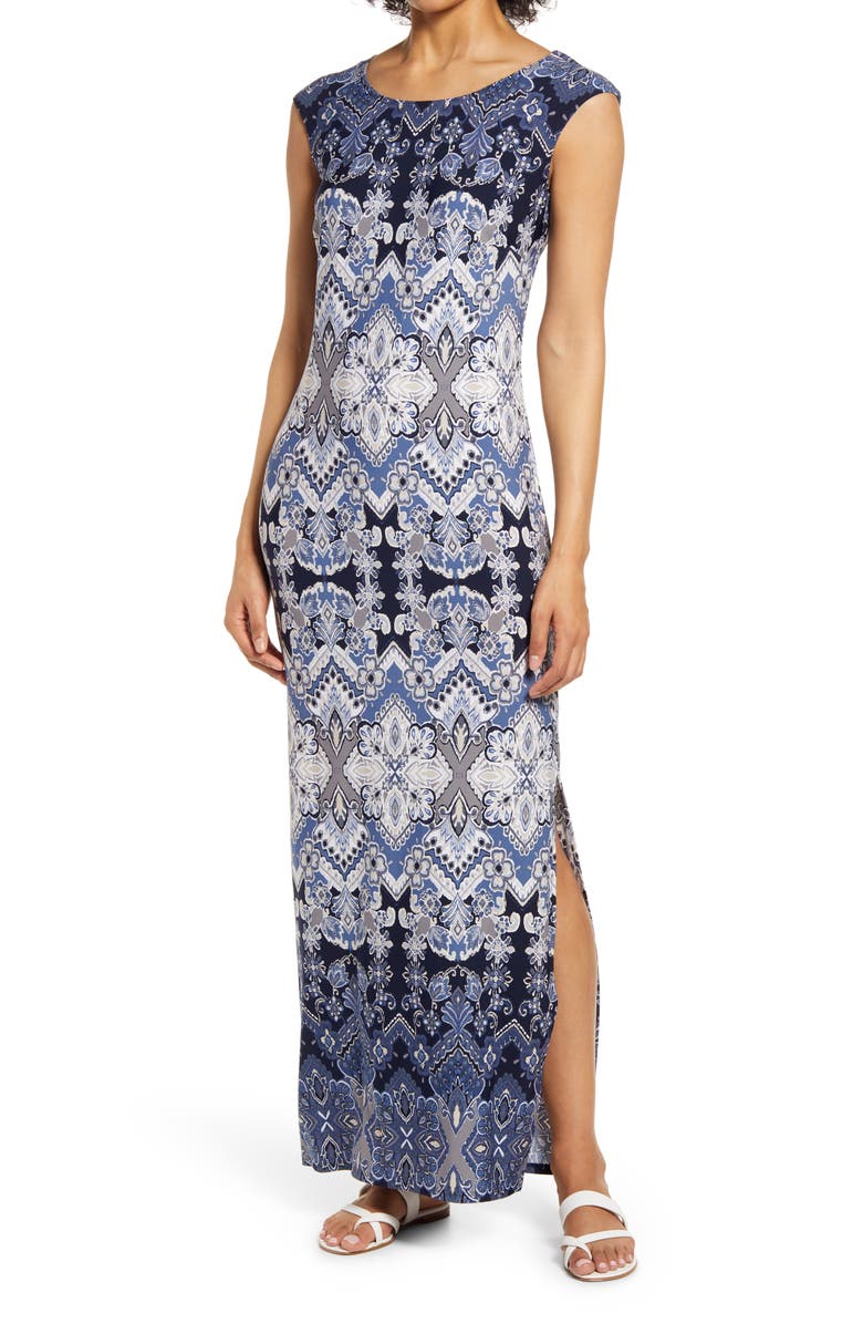 Connected Apparel Tile Print Cap Sleeve Maxi Dress, Main, color, 