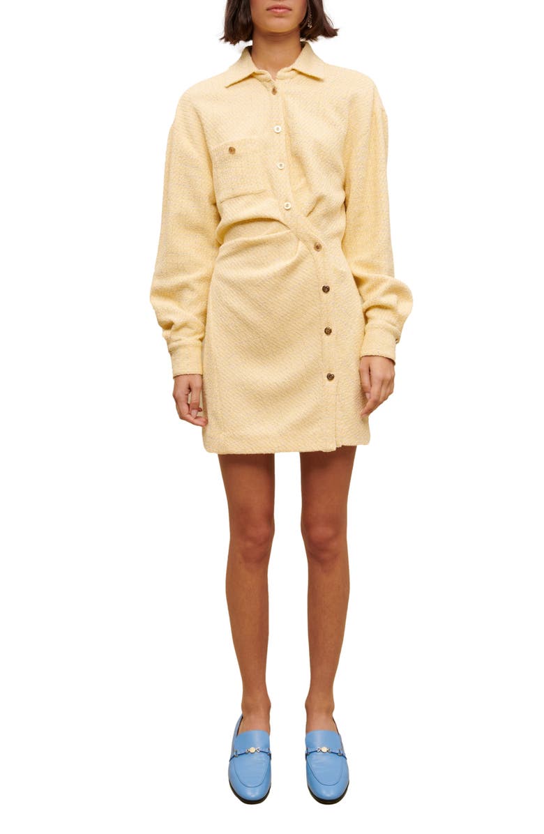 maje Rillo Asymmetric Long Sleeve Tweed Shirtdress, Main, color, Jaune Pale