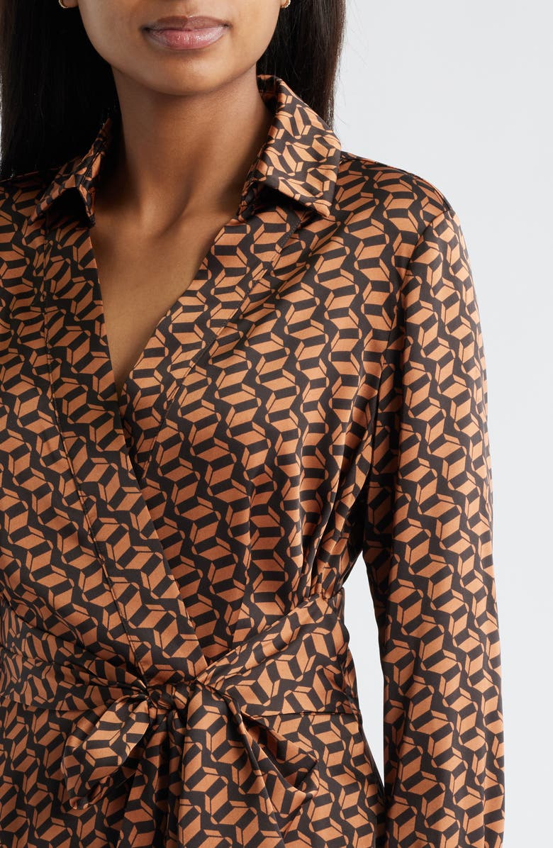 Tahari ASL Printed Long Sleeve Faux Wrap Matte Satin Shirtdress, Alternate, color, Tawny Chocolate