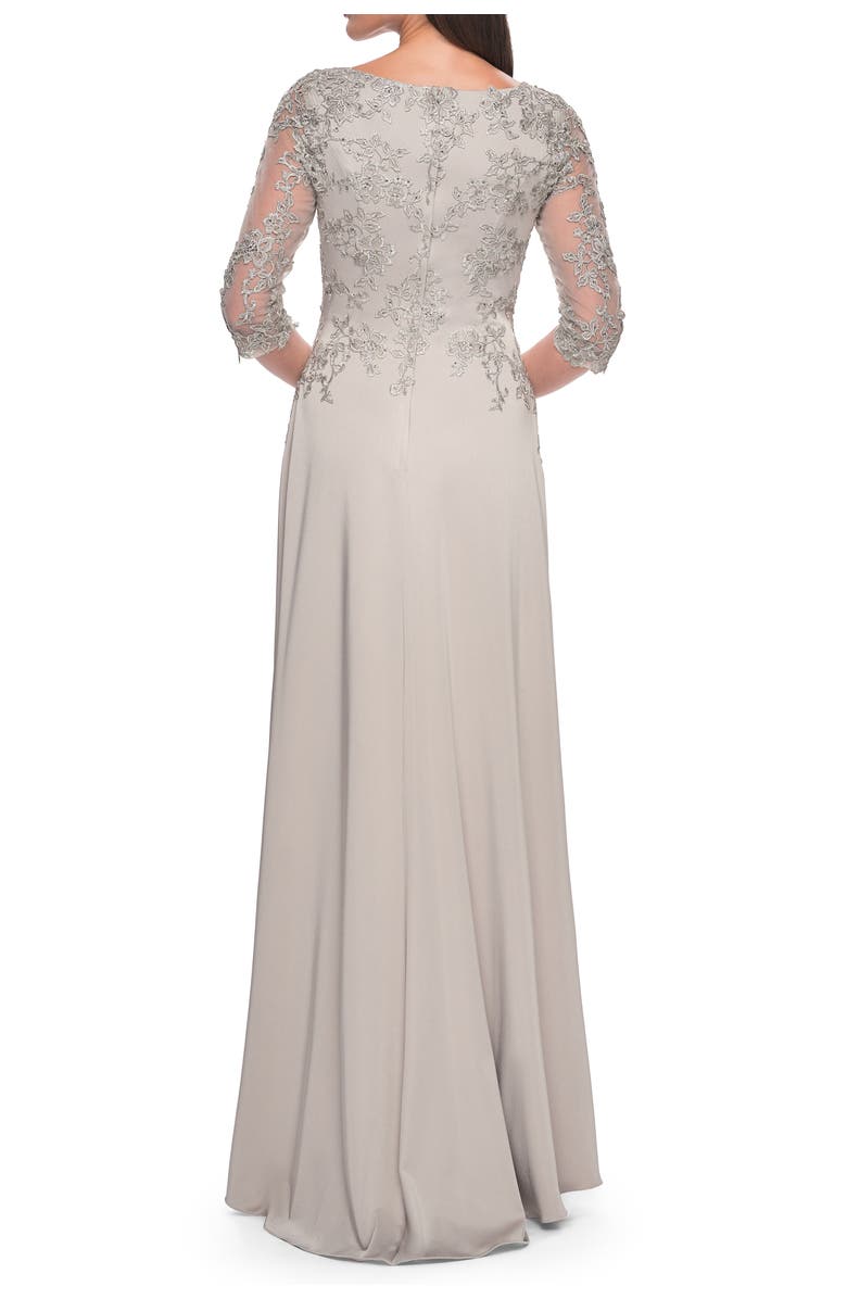 La Femme Jersey Gown with Boat Neckline and Lace Detailing, Alternate, color, Silver