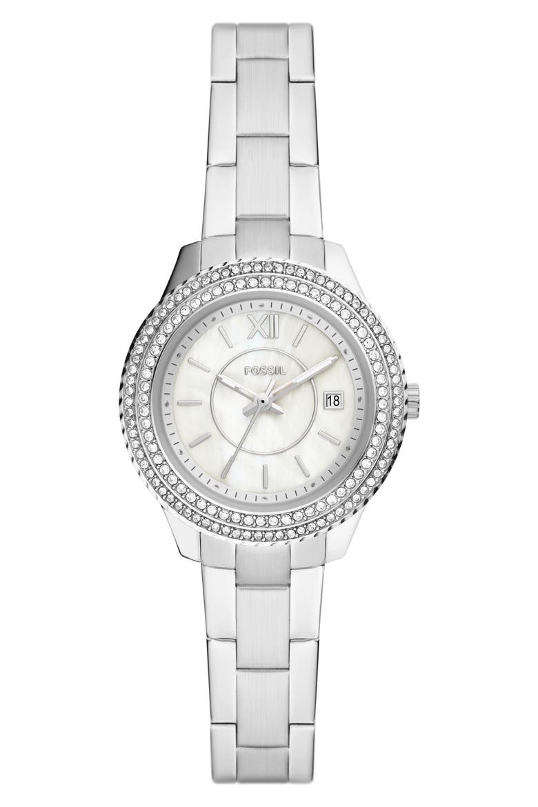 Stella Crystal Bezel Bracelet Watch, 37mm, Main, color, STAINLESS STEEL
