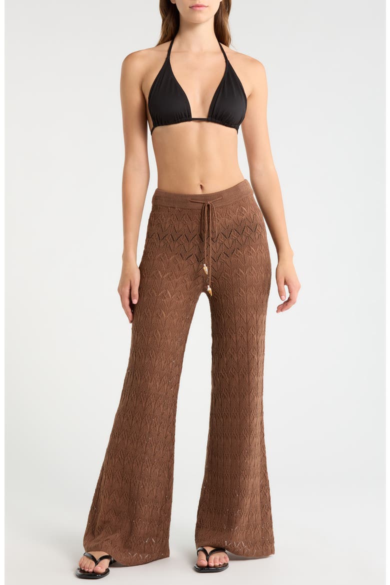 Pointelle Cover-Up Sweater Pants, Main, color, BROWN