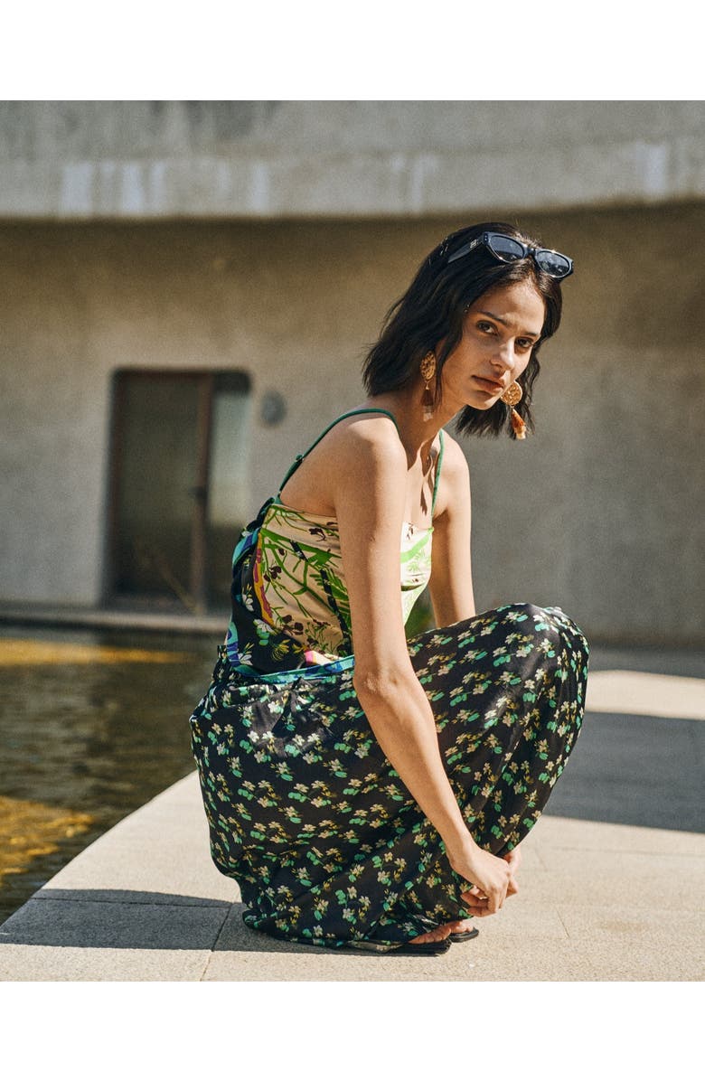 Lost Pattern NYC "Beach Blossom" Satin Midi Skirt, Alternate, color, Black