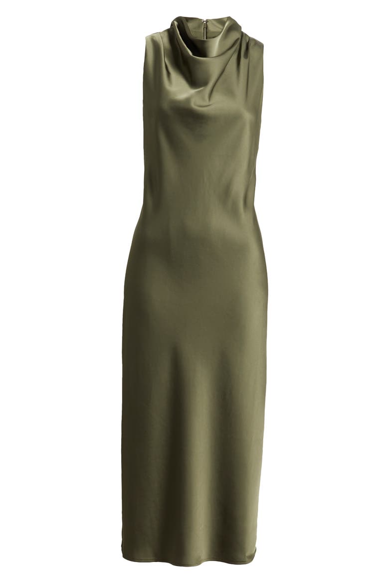 Drape Neck Satin Midi Dress, Alternate, color, LODEN