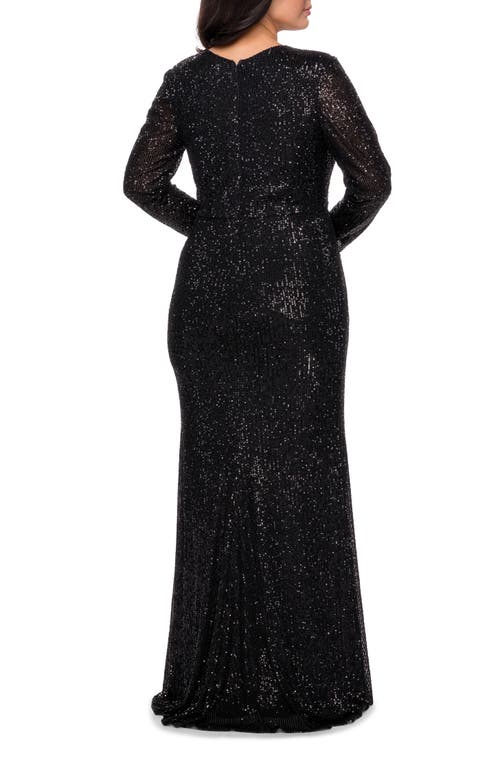 La Femme Long Sleeve Sequin Plus Size Dress With Slit In Black