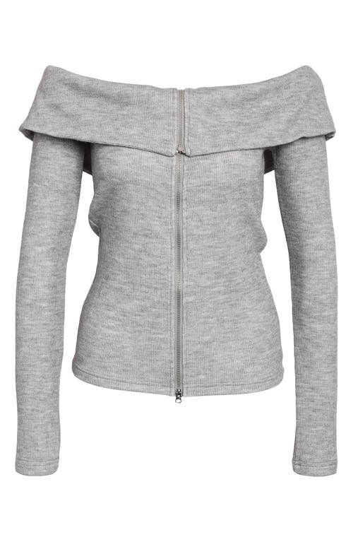 Noisy May Stormy Off-the-shoulder Two Way Zip Long Sleeve Sweater In Light Grey Melange