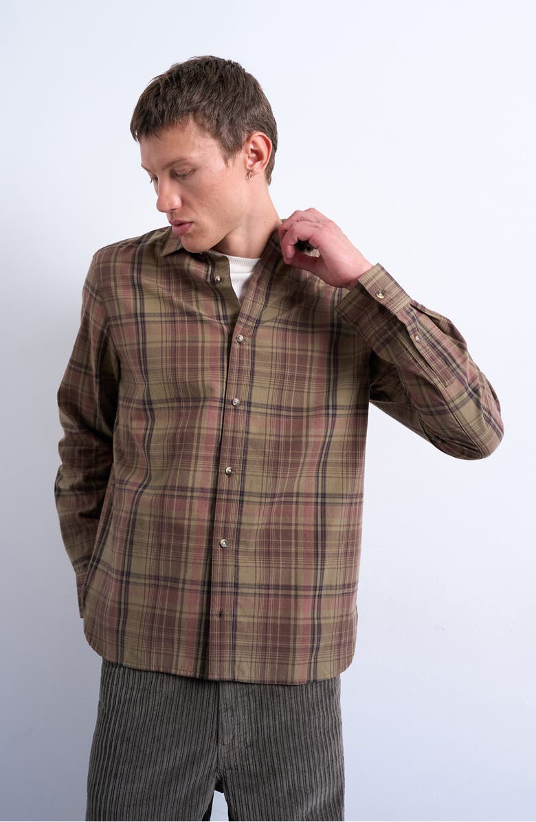 Topman Plaid Cotton Poplin Button-Up Shirt, Main, color, Medium Green