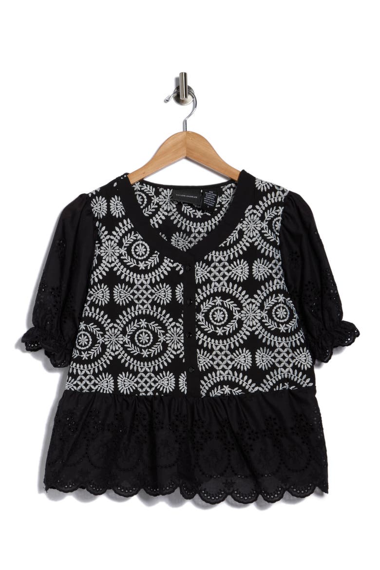 Eyelet Embroidered Short Sleeve Button-Up Shirt, Alternate, color, BLACK/ WHITE