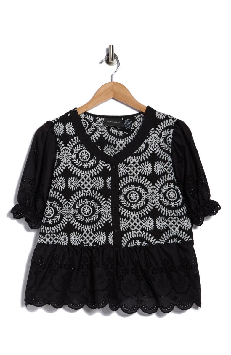 Forgotten Grace Eyelet Embroidered Short Sleeve Button-Up Shirt, Alternate, color, Black/ White