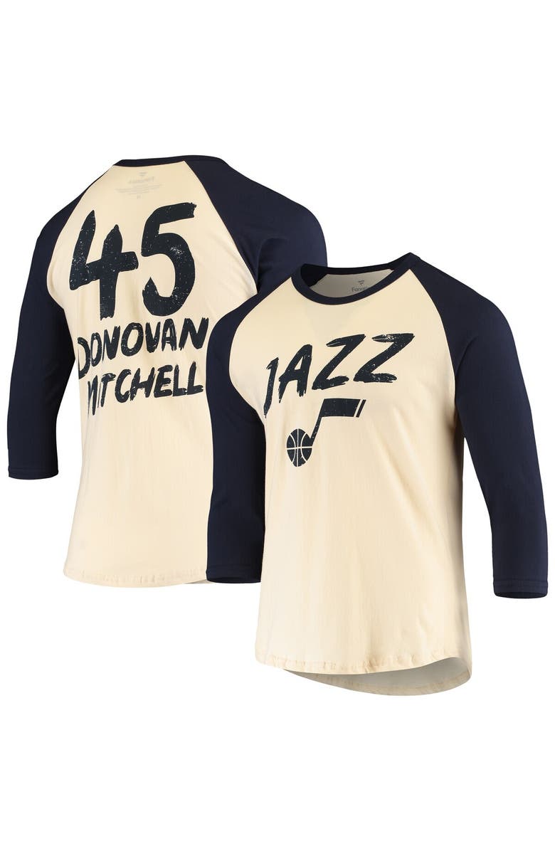 FANATICS Men's Fanatics Branded Donovan Mitchell Cream/Navy Utah Jazz Raglan 3/4 Sleeve T-Shirt, Alternate, color, 