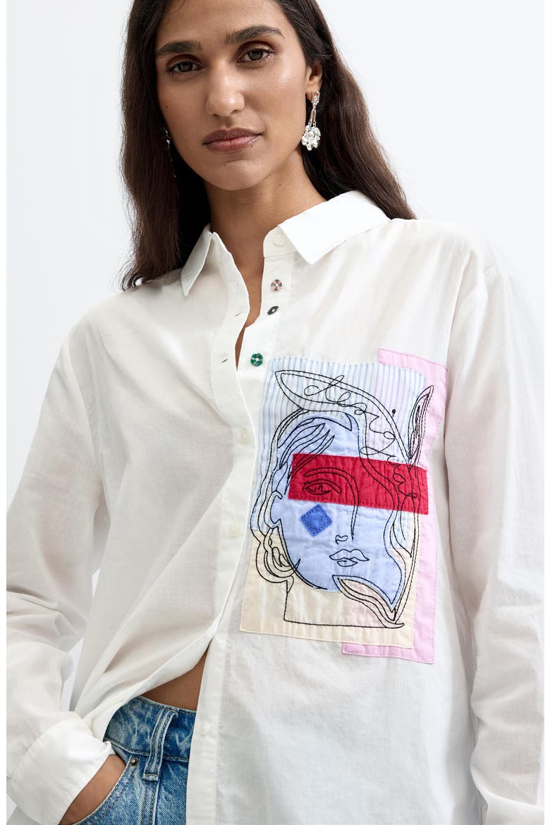 Embroidered Patch Cotton Button Down Shirt, Alternate, color, WHITE