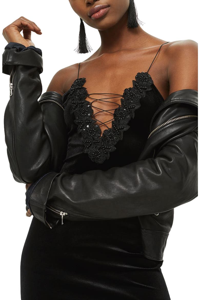 Lace-Up Velvet Body-Con Dress, Alternate, color, BLACK