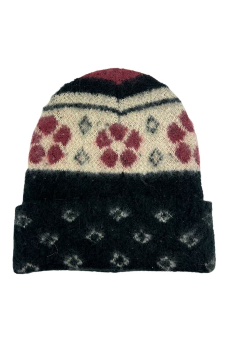Floral Cuffed Knit Beanie, Main, color, BLACK